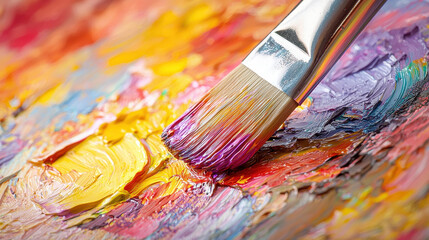 Fototapeta premium Close-up view of a paintbrush blending vibrant colors on canvas under soft artistic lighting