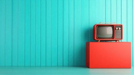 This image features a charming vintage television set atop a bright red box against a vibrant aqua wall, evoking feelings of nostalgia and retro style in design.