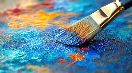 Obraz premium Close-up of a paintbrush blending vibrant colors on a textured canvas
