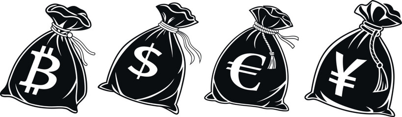 Set of Money Currency Symbols. Black Silhouette Icons of Money Bags with Japanese Yen, Chinese Yuan, Dollar, Euro and Bitcoin sign icons