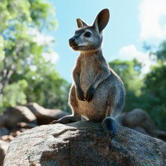 Obraz premium Curious joey on rock in Australian forest