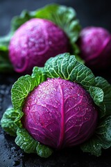 Fresh purple cabbage with dew and green leaves on dark background