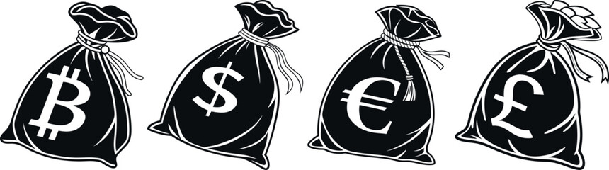 Set of Money Currency Symbols. Black Silhouette Icons of Money Bags with British Pound Sterling, Dollar, Euro and Bitcoin sign icons