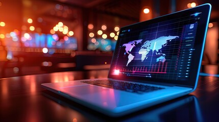 Close-up of a laptop displaying a glowing sales dashboard with graphs and charts, showcasing business analytics, data visualization, and performance tracking for corporate strategy and decision-making