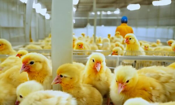 A vibrant scene of fluffy yellow chicks in a poultry farm, showcasing their lively environment