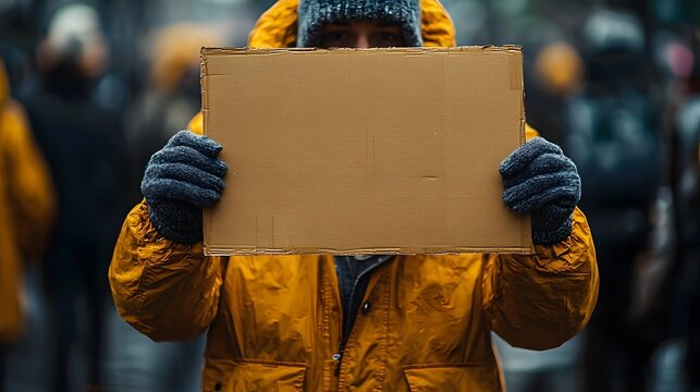Person in sportswear holding a blank cardboard sign at stadium for customized team spirit or game day messages