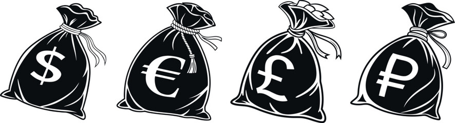 Set of Money Currency Symbols. Black Silhouette Icons of Money Bags with British Pound Sterling, Dollar, Euro and Rouble sign icons