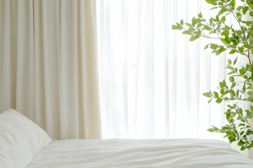 Room decor Bed with white linen, curtains & plant for home staging & advertising