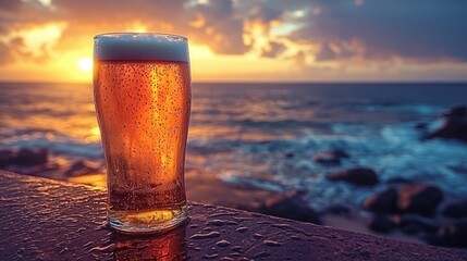 Cold beer on bar at sunset by the sea for vacation promo material or blog use