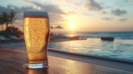 Cold beer by the pool at sunset. Relaxation and vacation concept for advertising