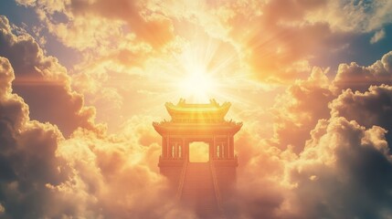 Fototapeta premium Radiant Gateway Amidst Fluffy Clouds and Warm Light