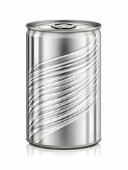 Shiny aluminum beverage can with swirl design, reflecting light, studio shot