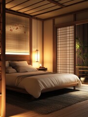 Fototapeta premium A serene bedroom with japanese inspired design elements is shown