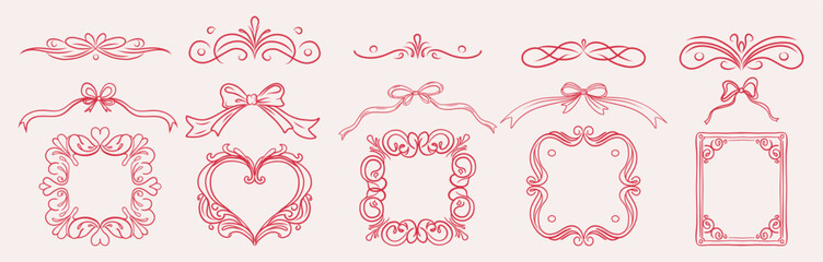 Coquette ink minimal hand drawn line art illustrations of vintage frames with ribbons, hearts, and decorative flourishes, perfect for creating romantic, whimsical greeting cards or invitations.