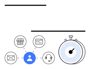 User profile links to email, storefront, browser page, headset, connection points. Stopwatch highlights urgency. Ideal for business, productivity, customer service tech systems scheduling