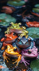 Colorful Frogs Piled Together on Lily Pads in a Serene Pool