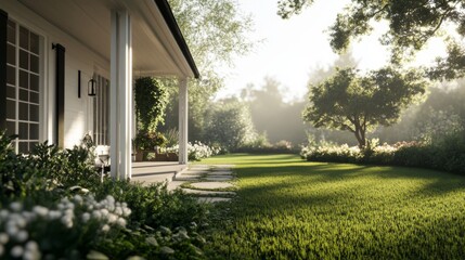 Sunlit suburban home, garden, morning mist.  Landscaping design
