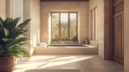 Sunlit spa bathroom, plants, stone walls, tranquil