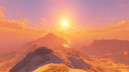 Naklejka premium Sunset over desert mountains, coastal view, idyllic landscape