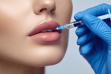 Close-up of a healthcare professional injecting a cosmetic filler into a woman's lips. The procedure is performed with precision, emphasizing beauty enhancement and skincare