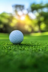 Obraz premium Closeup view of golf ball on green grass lawn