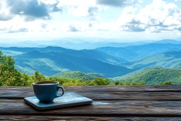 Coffee cup sits on a tablet on a wooden table, overlooking a vast mountain range under a cloudy sky, creating a serene and inspiring morning scene
