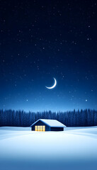 Naklejka premium Snowy night scene with cabin under crescent moon near forest, ideal for travel