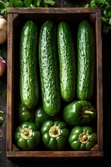 Fresh green cucumbers and bell peppers in a wooden crate on rustic surface