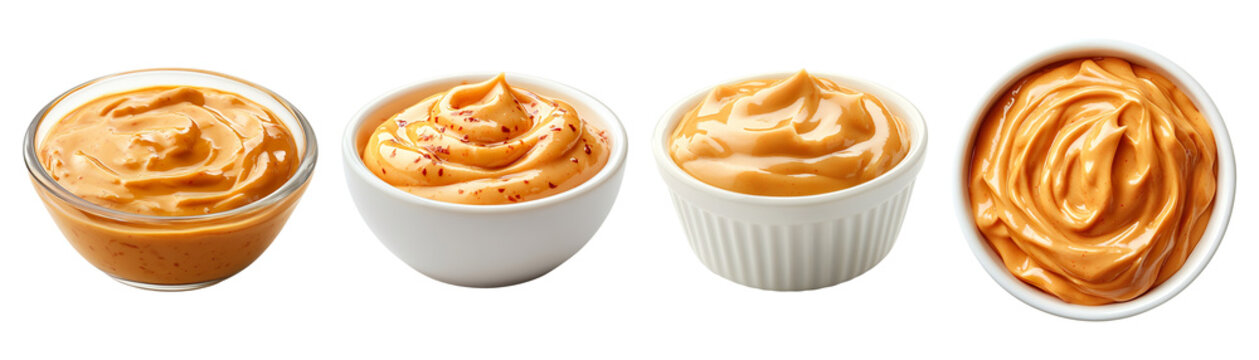 Bowls of sriracha mayo dip sauce collection isolated on transparent background