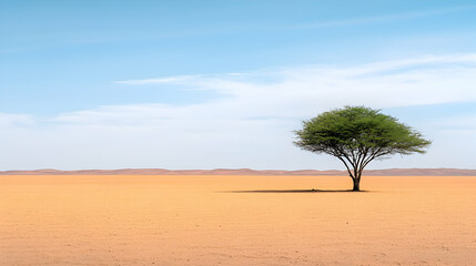 Obraz premium Solitary tree stands in vast desert landscape against blue sky; travel background