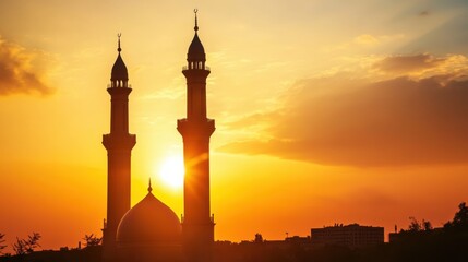 Majestic Sunset Behind Islamic Minarets and Mosque Silhouette