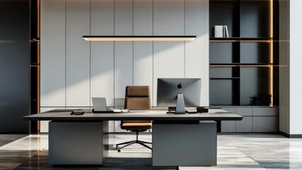 A sleek, modern office space featuring a desk and computer, highlighting professionalism and minimalistic design.