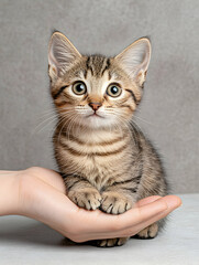 Obraz premium Striped kitten perched on a hand against a soft backdrop, in a studio setting