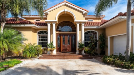 Fototapeta premium Elegant house entrance with clean lines, blending modern design and serene outdoor beauty. 