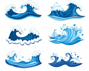 Stylized waves illustrations set, with a sailing boat, for backgrounds and decoration