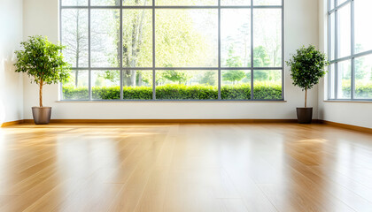 Sunny empty room with potted plants, big window and trees, suitable for background