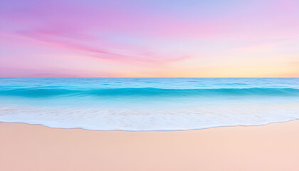 Obraz premium Sunset beach scene waves lap sandy shore; vibrant colors fill sky for travel ads