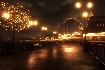 Obraz premium Bright lights illuminate a waterfront promenade at night near an amusement park