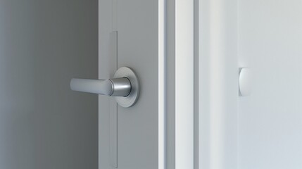 Fototapeta premium A clean white door handle attached to a minimalist white door.