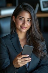 Smiling businesswoman holding a smartphone, looking directly at the camera. Portrait style image.