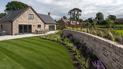 Fototapeta premium Rural home patio, landscaped garden, village view, relaxing outdoor space