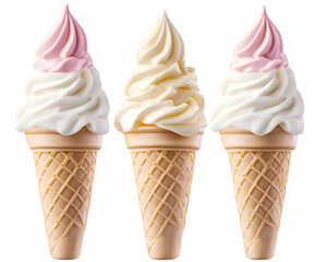 Three ice cream cones, with strawberry and vanilla flavors, on a white background