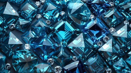 Blue gemstones and crystals display intricate shapes and vibrant colors for a sparkling effect