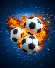 Fototapeta premium Three soccer balls ablaze in a thrilling, energetic game; ideal for sports ads