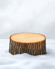 Tree stump showcase on snow background, blank stage for product display in nature