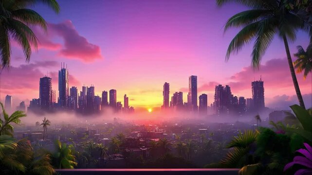 A vibrant city skyline at sunset, surrounded by palm trees and lush vegetation, creating a tropical yet urban atmosphere.