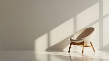 A minimalist modern chair with smooth wood legs sitting on a glossy white floor, isolated on a white background.