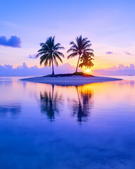 Obraz premium Tropical island with palm trees, sunset, ocean, reflecting sky, vacation travel theme