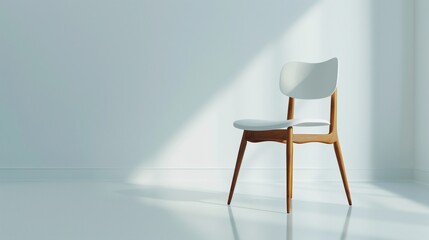 A minimalist modern chair with smooth wood legs sitting on a glossy white floor, isolated on a white background.