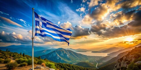 Greece Independence Day: Long Exposure of Waving Greek Flag Against Majestic Mountains